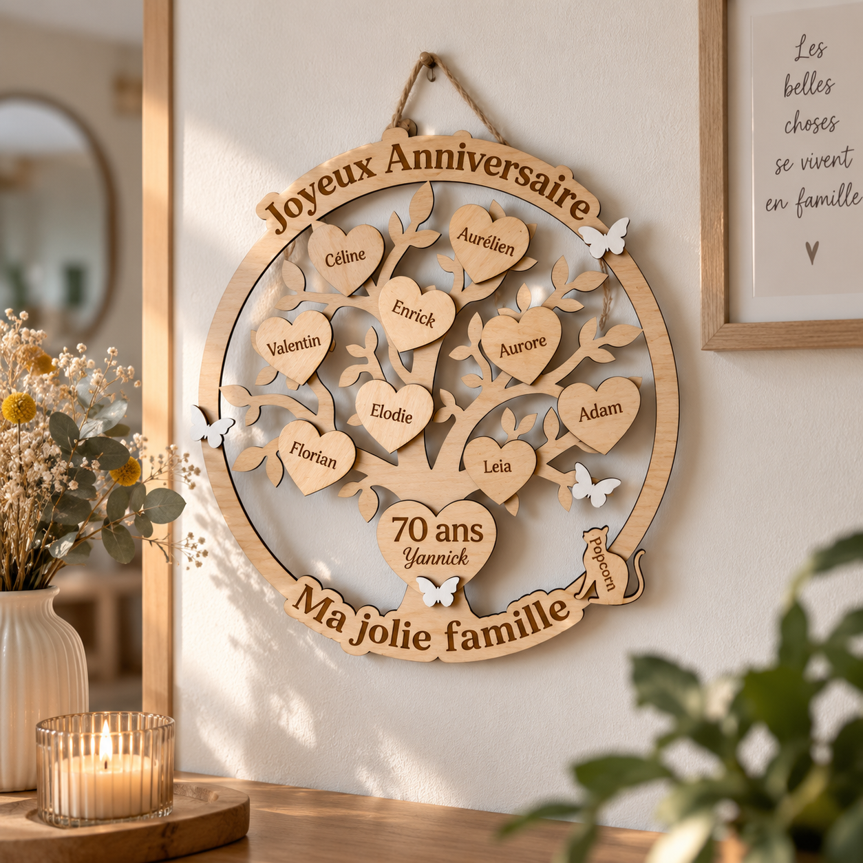 Arbre de vie famille personnalisé à suspendre avec prénoms gravés sur des cœurs en bois