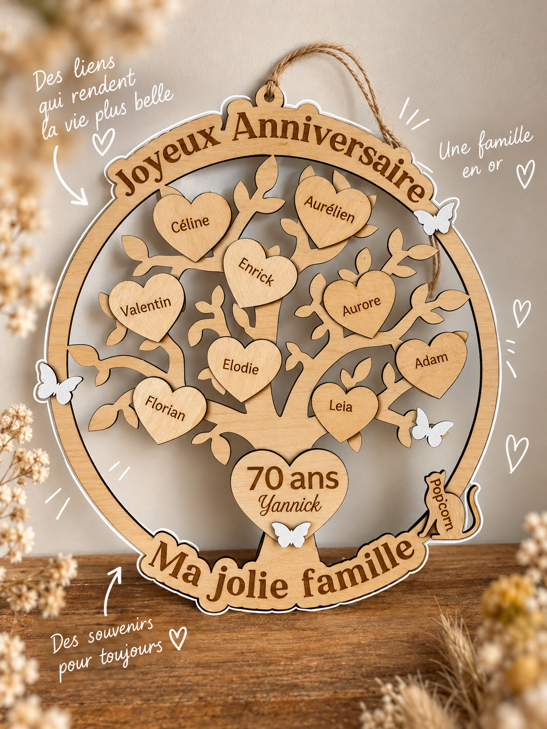 Arbre de vie prénom famille Arbre de vie famille personnalisé à suspendre avec prénoms gravés sur des cœurs en bois