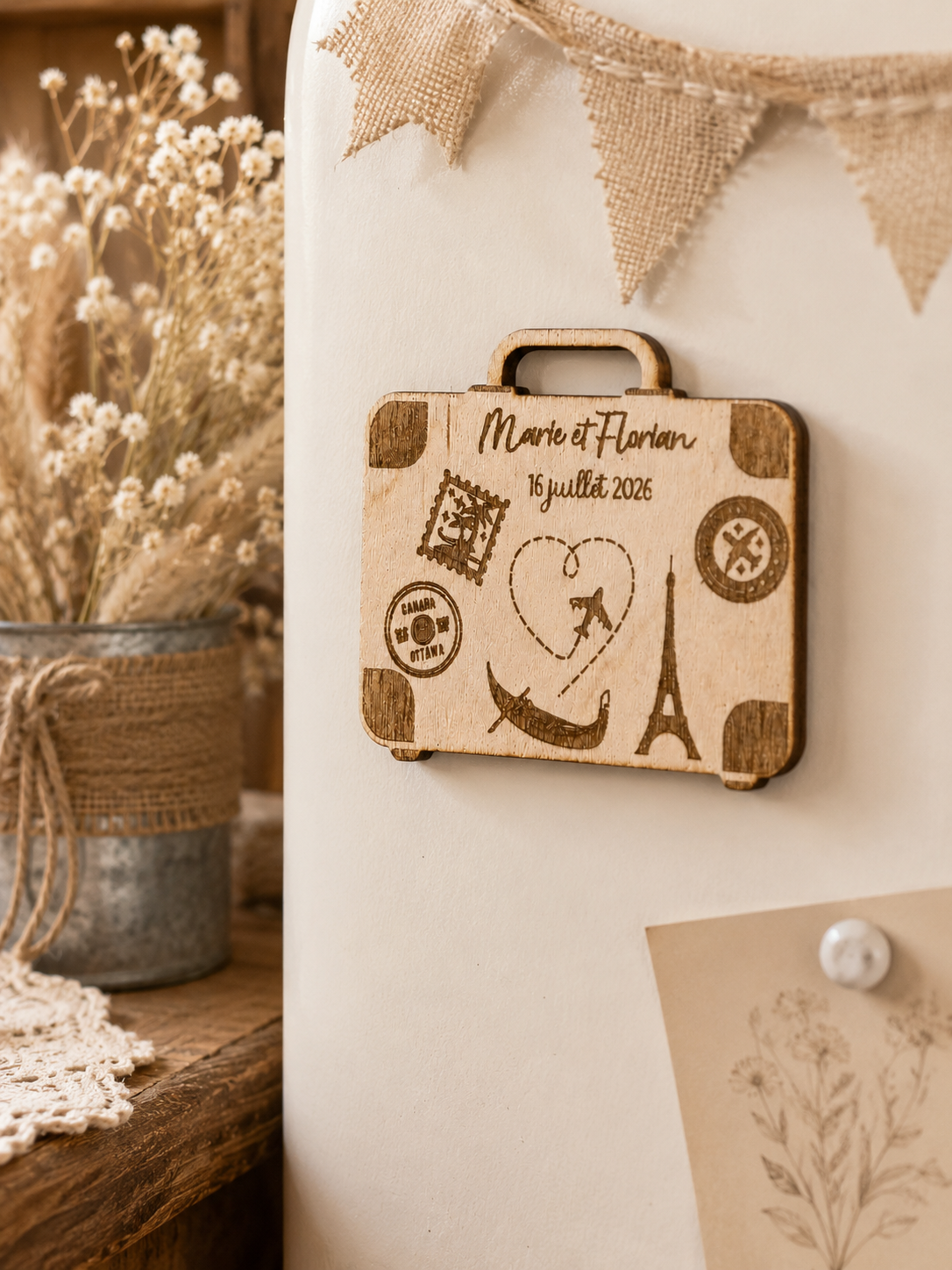 Magnet mariage personnalisé en bois forme valise gravé sur le thème des voyages des mariés