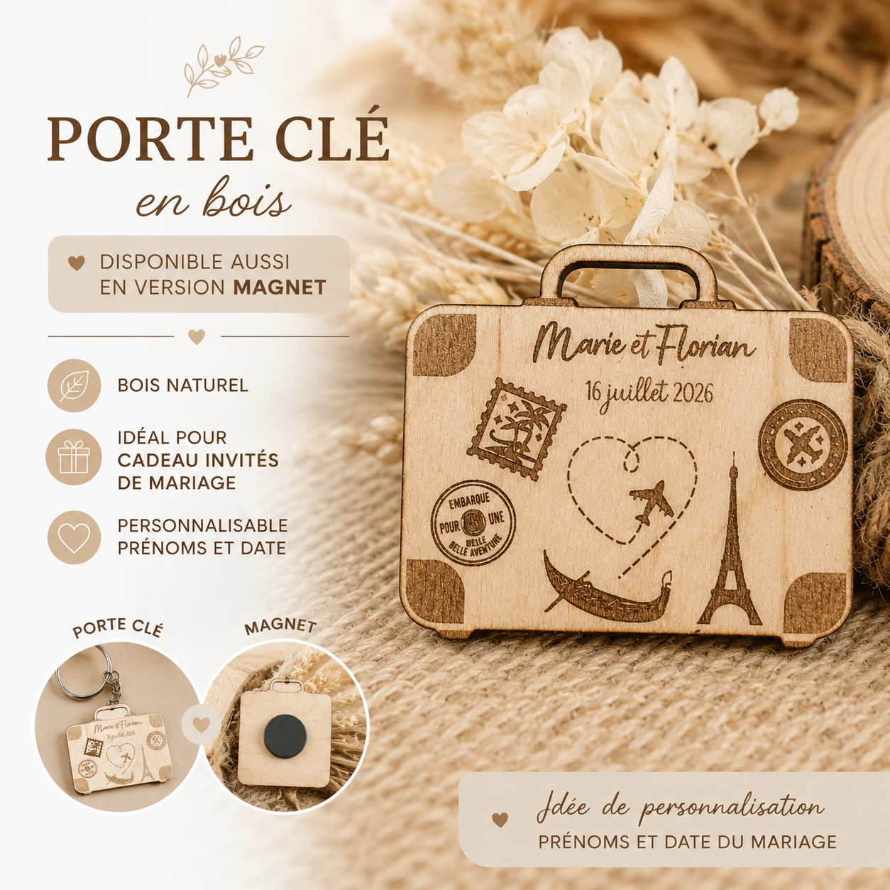 Magnet mariage personnalisé en bois forme valise gravé sur le thème des voyages des mariés