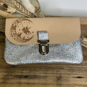 Pochette à papiers en cuir gravé lune argenté