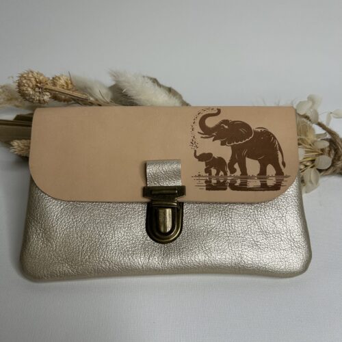 Pochette à papiers en cuir gravure Eléphants