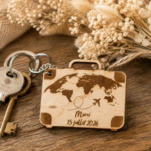 Porte-clés mariage en bois de bouleau personnalisé en forme de valise avec carte du monde et avion