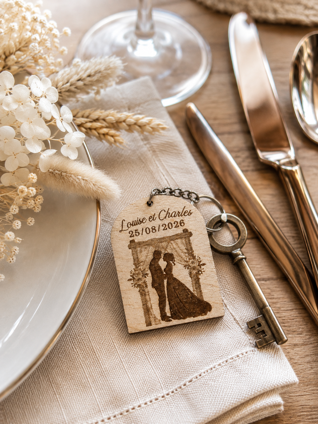Porte-clés mariage personnalisé en bois de bouleau gravé avec prénoms, date et couple de mariés