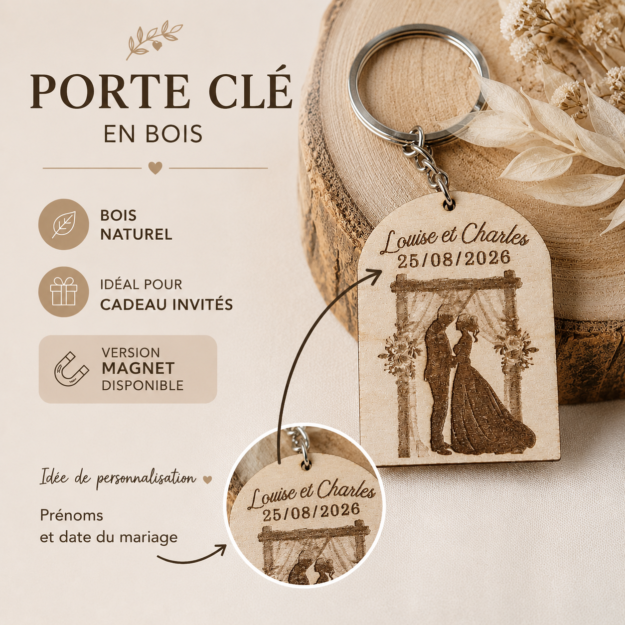 Porte-clés mariage personnalisé en bois de bouleau gravé avec prénoms, date et couple de mariés