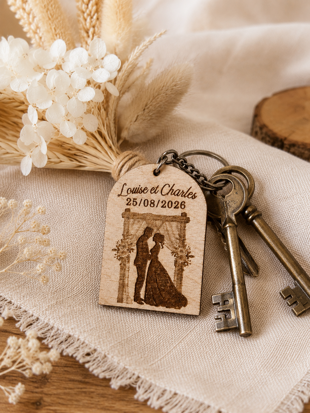 Porte-clés mariage personnalisé en bois de bouleau gravé avec prénoms, date et couple de mariés