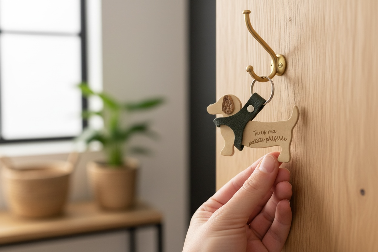 Porte clés en cuir forme teckel , artisanat