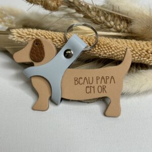 Porte clé Chien en cuir gravé Beau papa