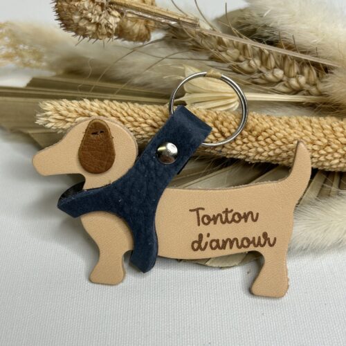 Porte clé Chien en cuir gravé Tonton