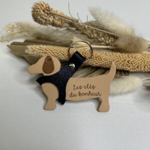 Porte clé Chien en cuir gravé "Les clés du bonheur"