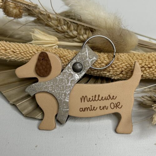 Porte clé Chien en cuir gravé Meilleure amie