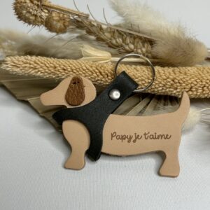Porte clé Chien en cuir gravé Papy