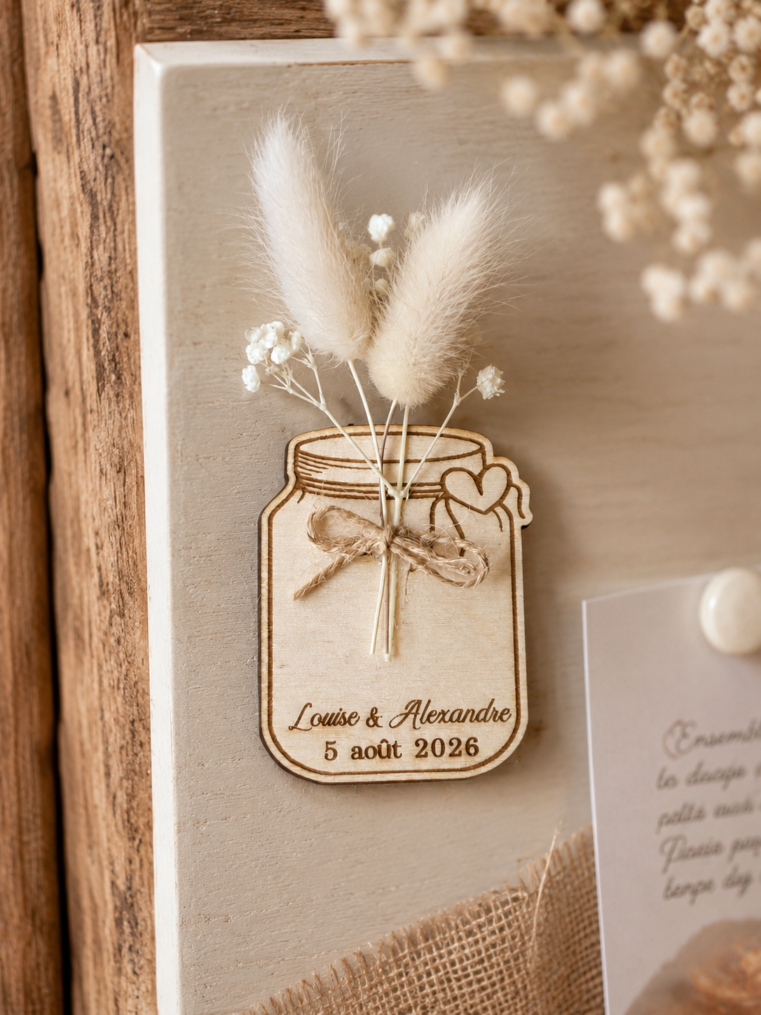 Magnet cadeau invité mariage3 Magnet en bois personnalisé avec fleurs séchées et prénoms des mariés, cadeau invité mariage