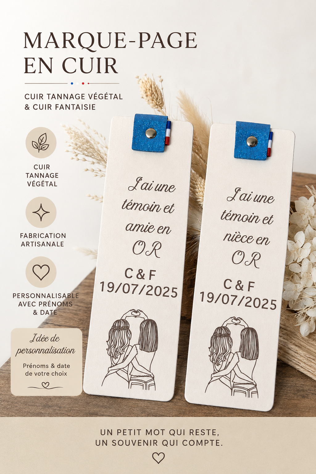 Marque page cadeau invité2 Marque-page en cuir personnalisé cadeau Témoins – Image 2