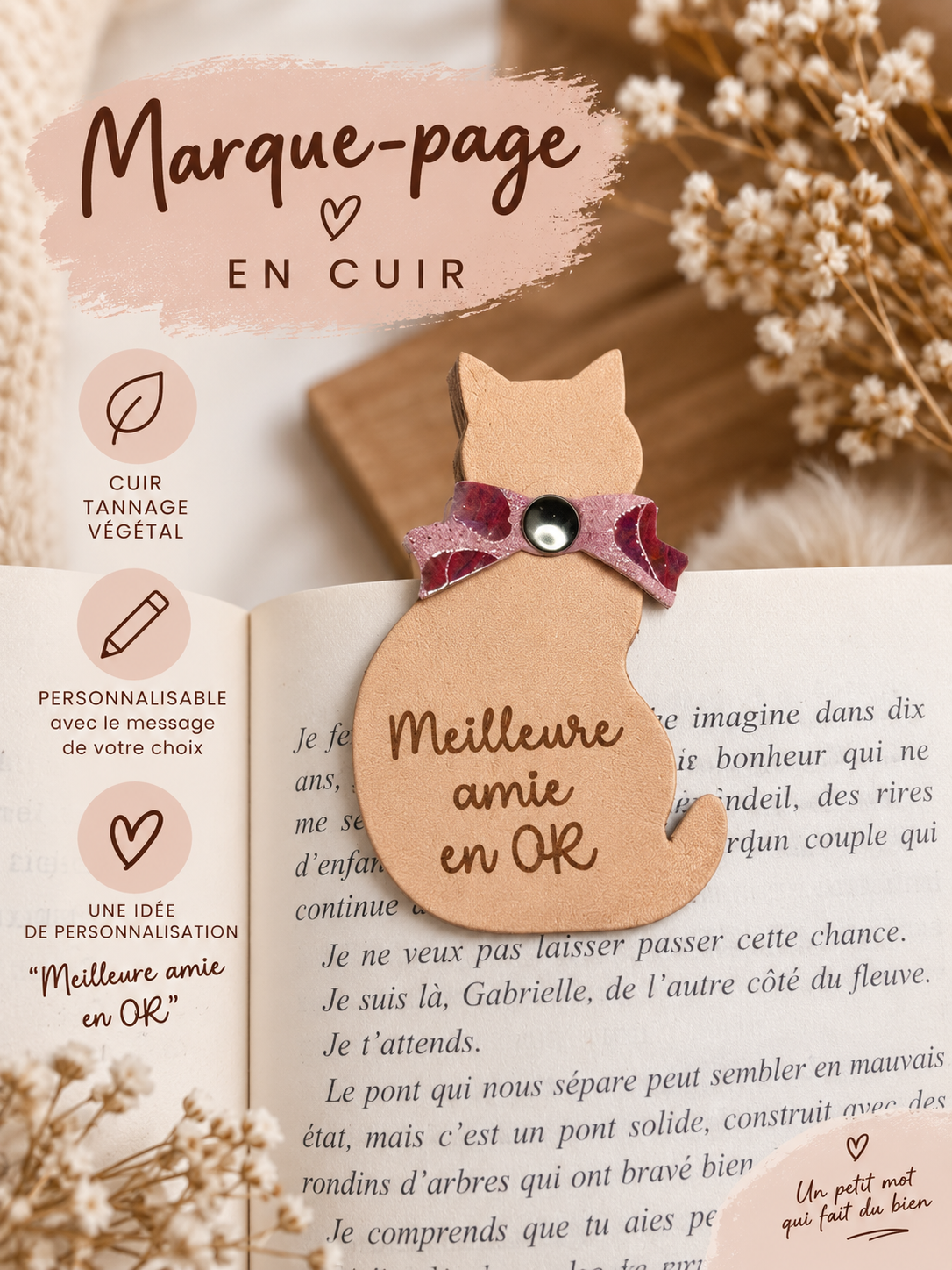 Marque page en cuir cadeau amie1 Marque-page magnétique en cuir en forme de chat avec inscription Meilleure amie en OR, posé sur un livre ouvert.