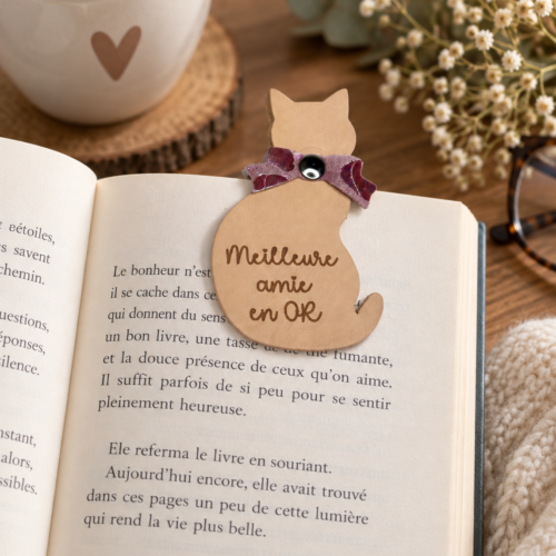 Marque-page magnétique en cuir en forme de chat avec inscription Meilleure amie en OR, posé sur un livre ouvert.