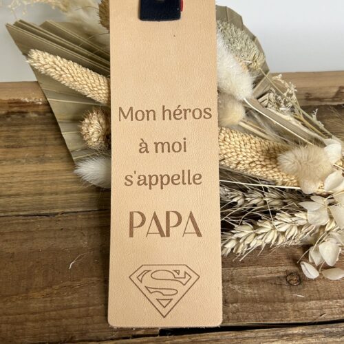 Marque-page en cuir "Mon héros Papa"- idée cadeau personnalisé