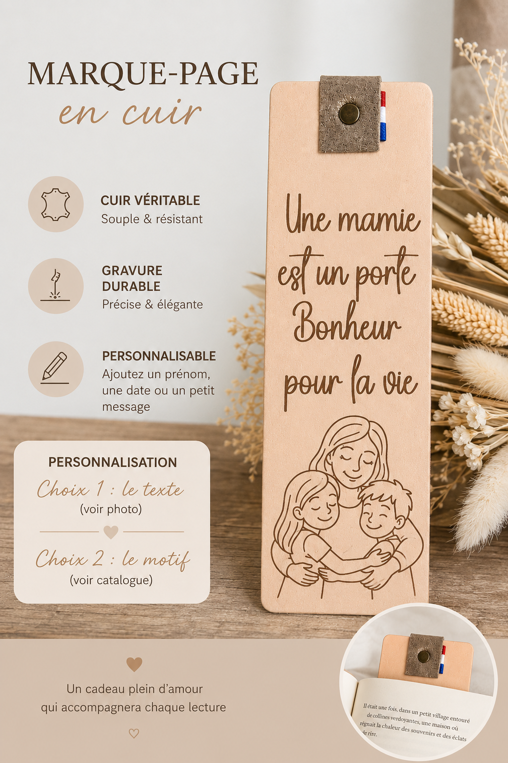 Marque page en cuir personnalisé Marque-page en cuir - cadeau personnalisé – Image 2