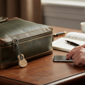 Porte-clés guitare en cuir artisanal avec anneau métallique