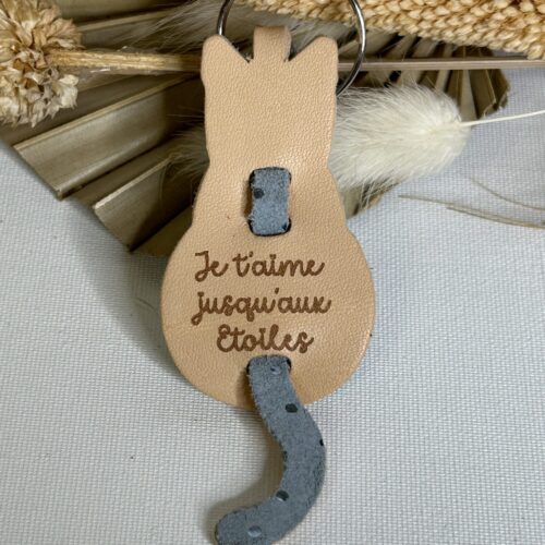 Porte clé Chat en cuir gravé "Je t'aime jusqu'aux étoiles"