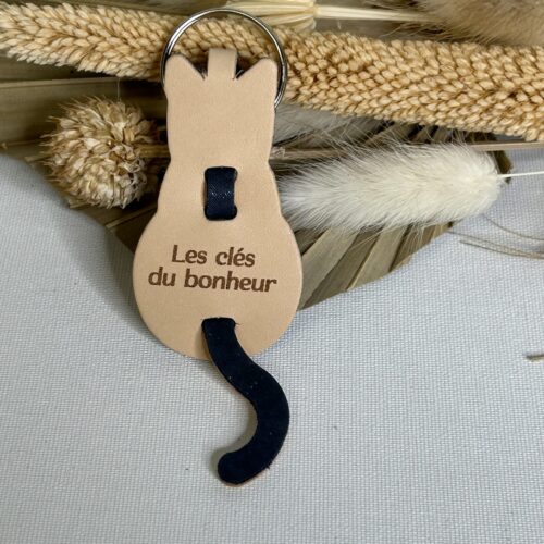 Porte clé Chat en cuir gravé Les clés du bonheur