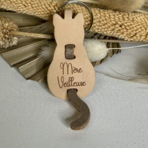Porte clé Chat en cuir gravé Maman