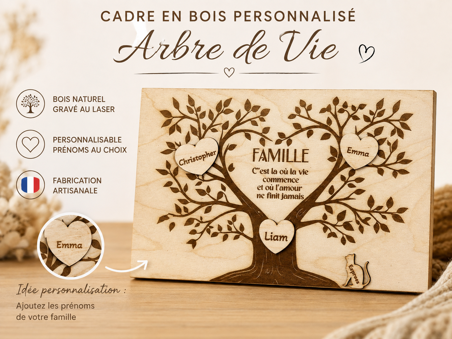 Tableau arbre de vie personnalisé Tableau en bois Arbre de famille personnalisé en bois gravé – Image 3