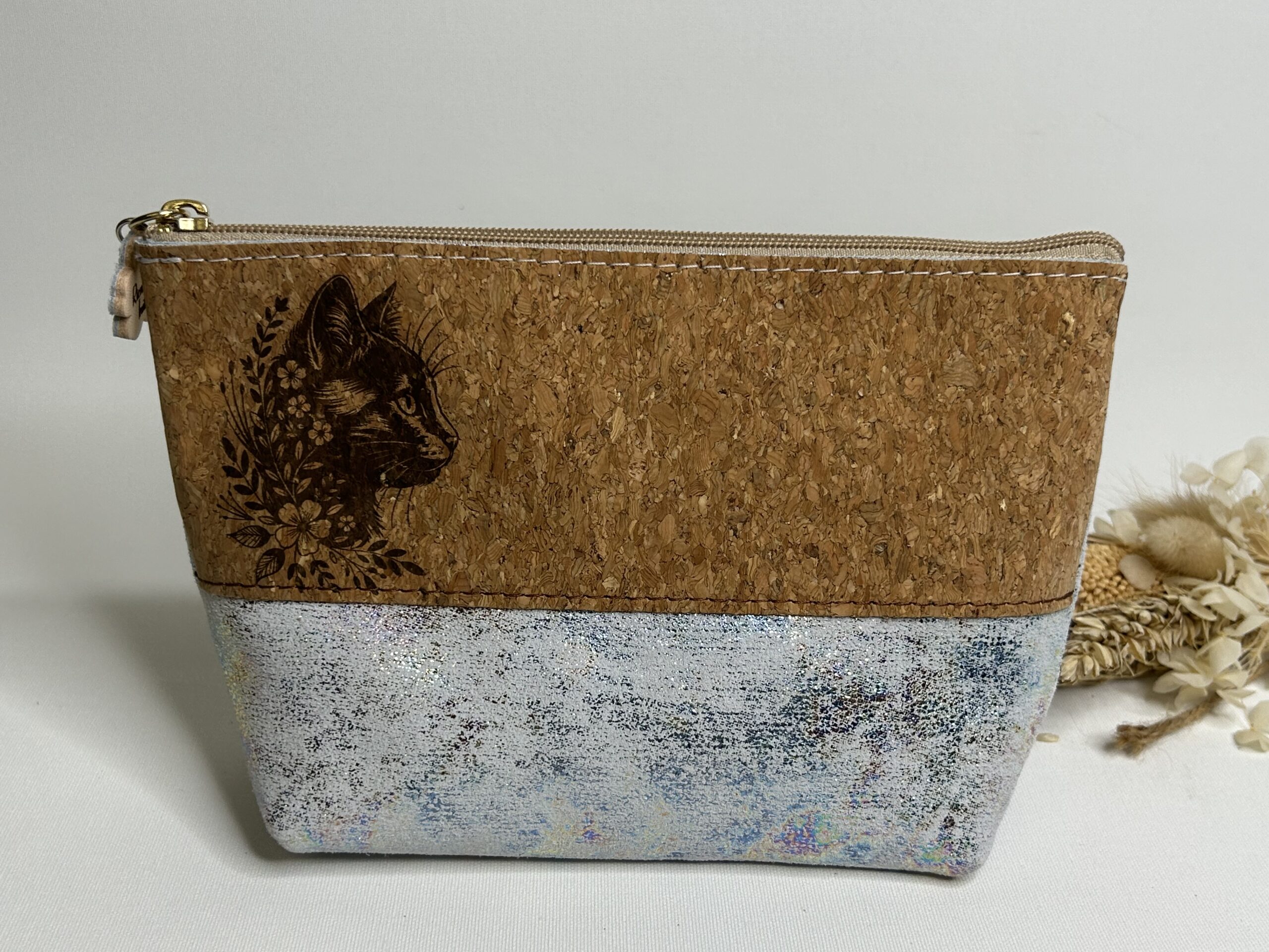 Trousse à maquillage en cuir et liège chat