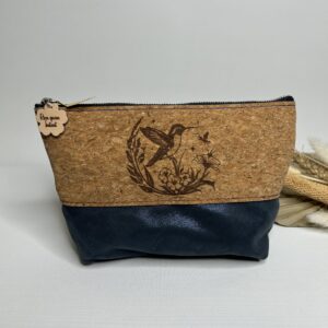 Trousse à maquillage en cuir et liège colibris