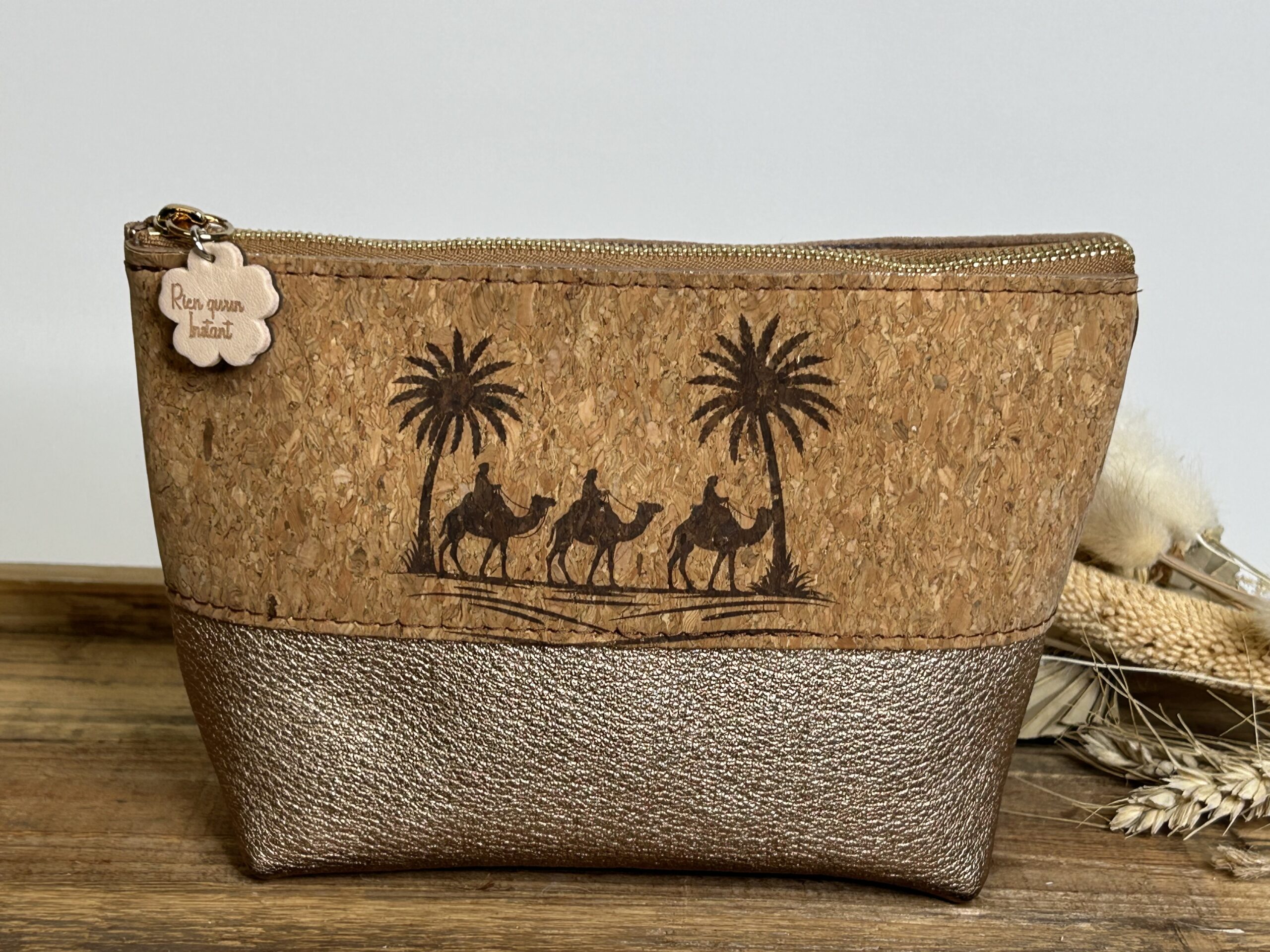 Trousse à maquillage en cuir et liège Sahara