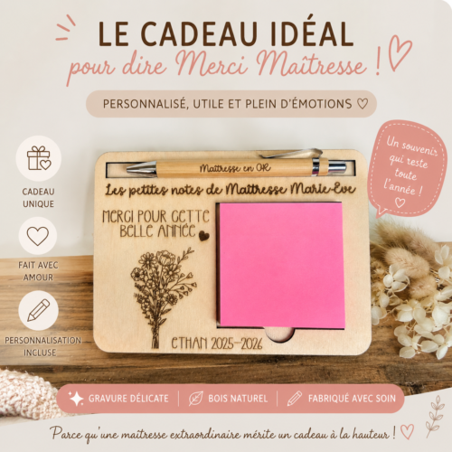 Support de notes personnalisé en bois pour maîtresse avec gravure, stylo assorti, bloc mémo bleu et rangement pour trombones.