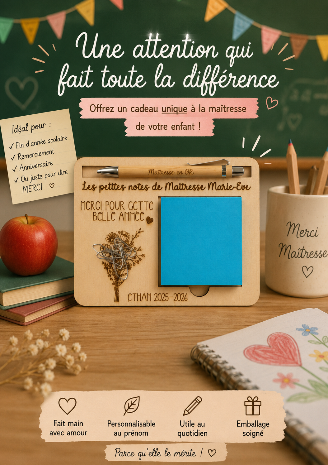 Cadeau personnalisé pour maîtresse avec stylo et post it – Image 5