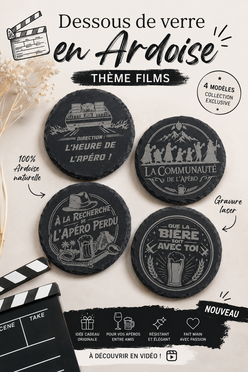 Lot de 4 dessous de verre en ardoise gravée thème cinéma et apéro