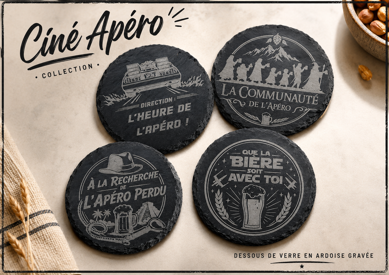 Lot de 4 dessous de verre en ardoise gravée thème cinéma et apéro