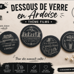 Lot de 4 dessous de verre en ardoise gravée thème cinéma et apéro