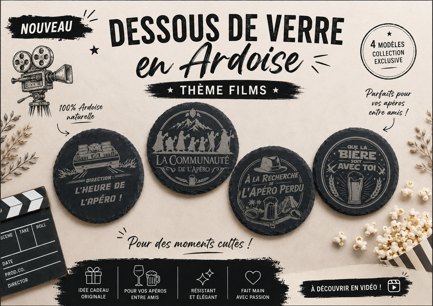 Lot de 4 dessous de verre en ardoise gravée thème cinéma et apéro