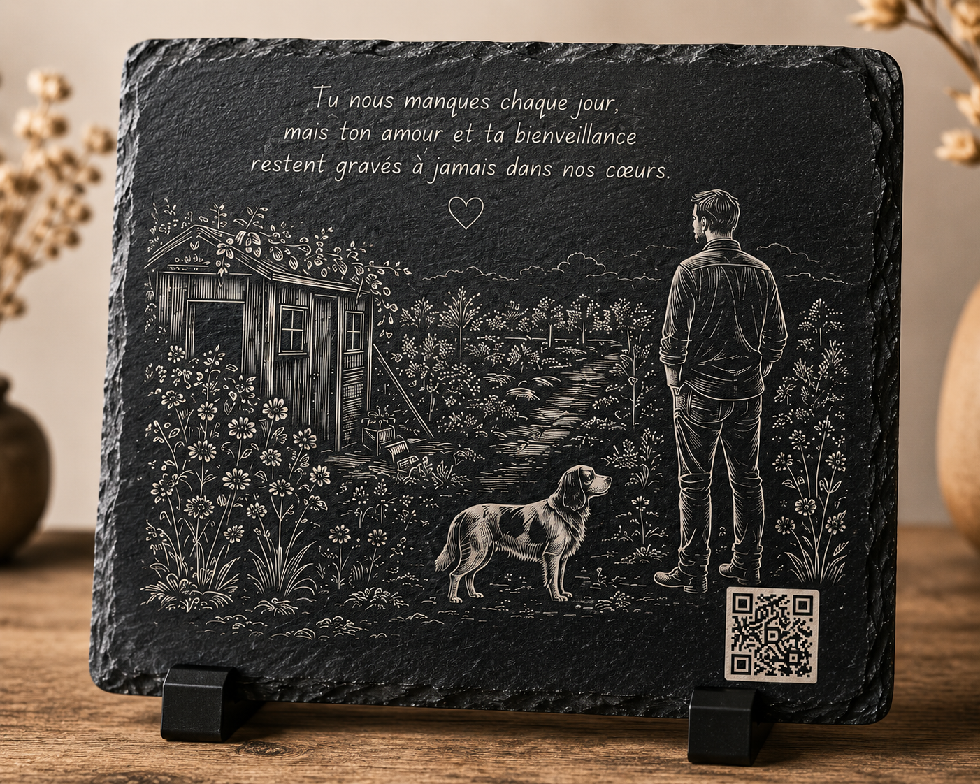 896354c0 1af7 4e6e a1f7 078e77520bfb Plaque funéraire en ardoise personnalisée 20 × 30 cm avec création graphique sur mesure