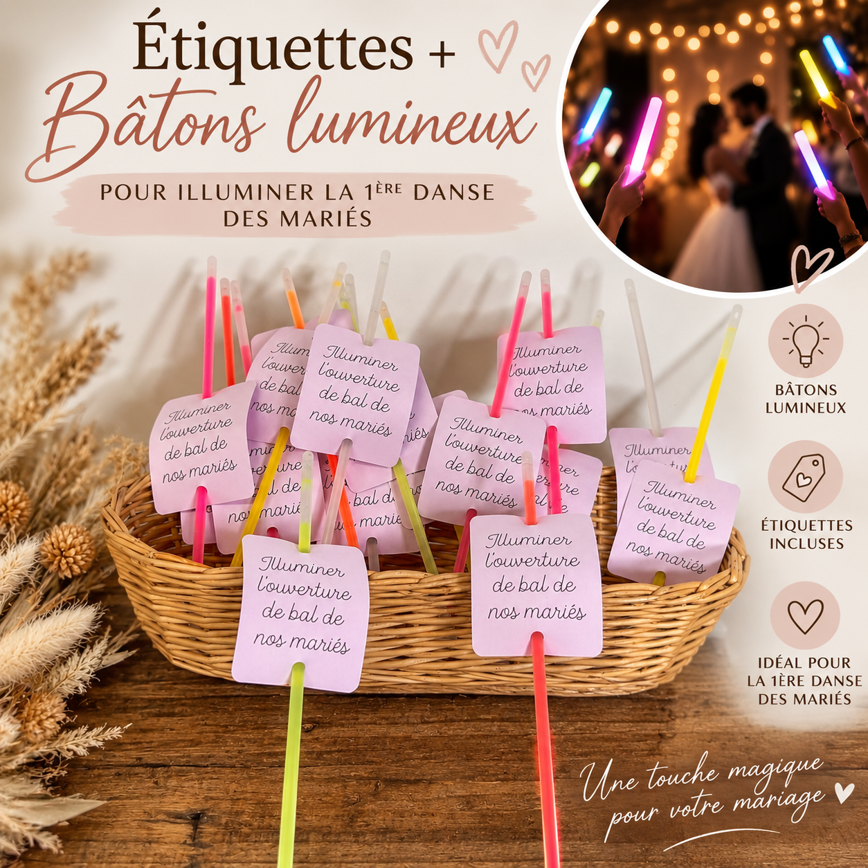 Baton 1ere danse Bâtons lumineux avec étiquettes pour illuminer l’ouverture de bal des mariés