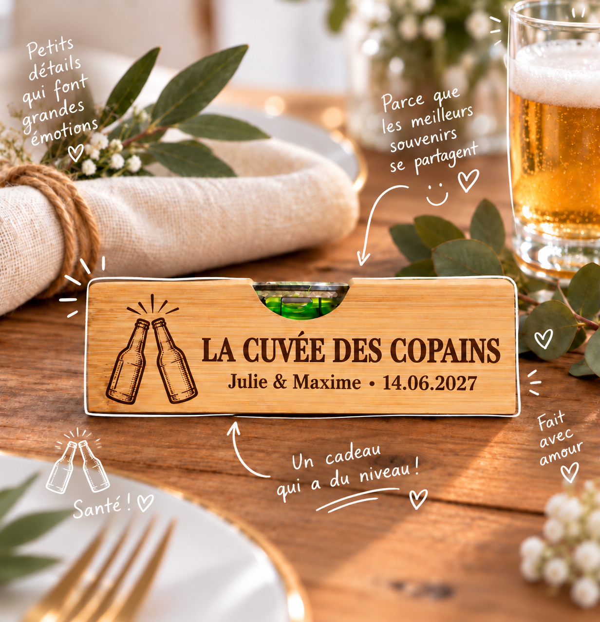 Décapsuleur niveau cadeaux invités mariage 6 Décapsuleur niveau en bambou personnalisé – Cadeau pour les parents des mariés – Image 2