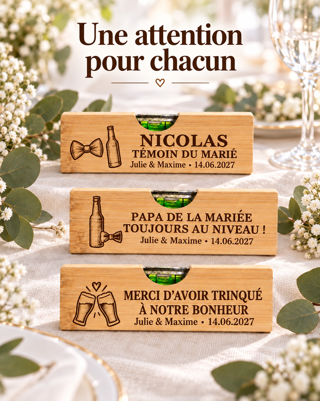 Décapsuleur niveau cadeaux invités mariage 7 Décapsuleur niveau en bambou personnalisé – Cadeau pour les parents des mariés – Image 3