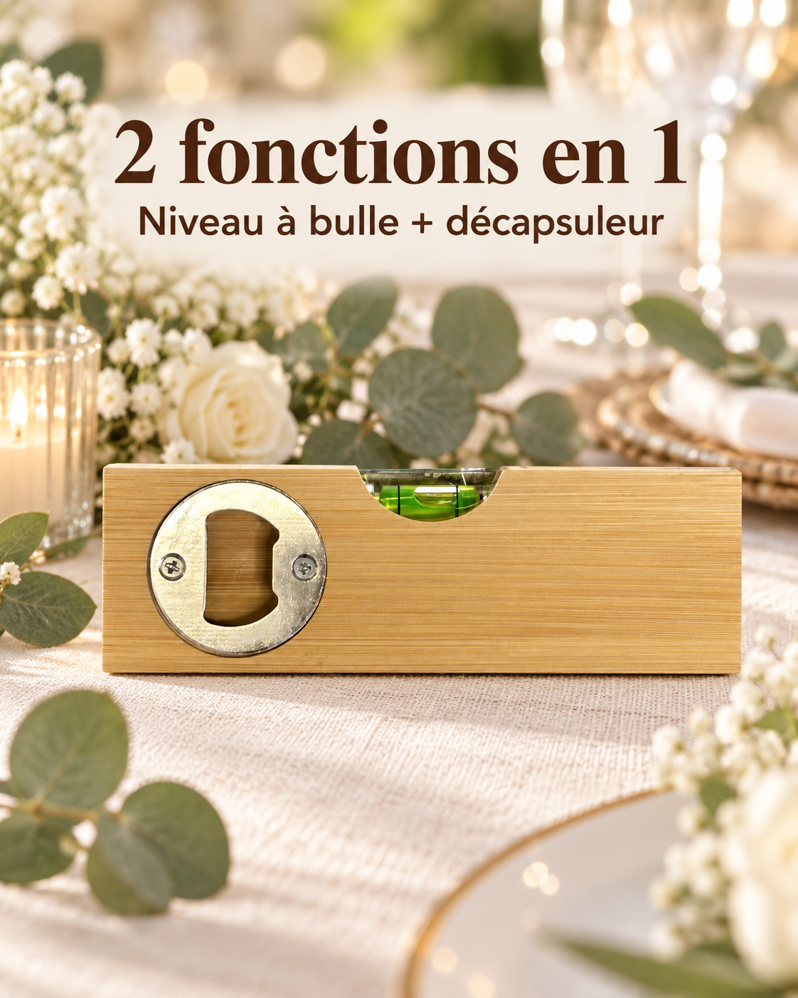 Décapsuleur niveau cadeaux invités mariage dos Décapsuleur niveau en bambou personnalisé – Cadeau pour les parents des mariés – Image 4