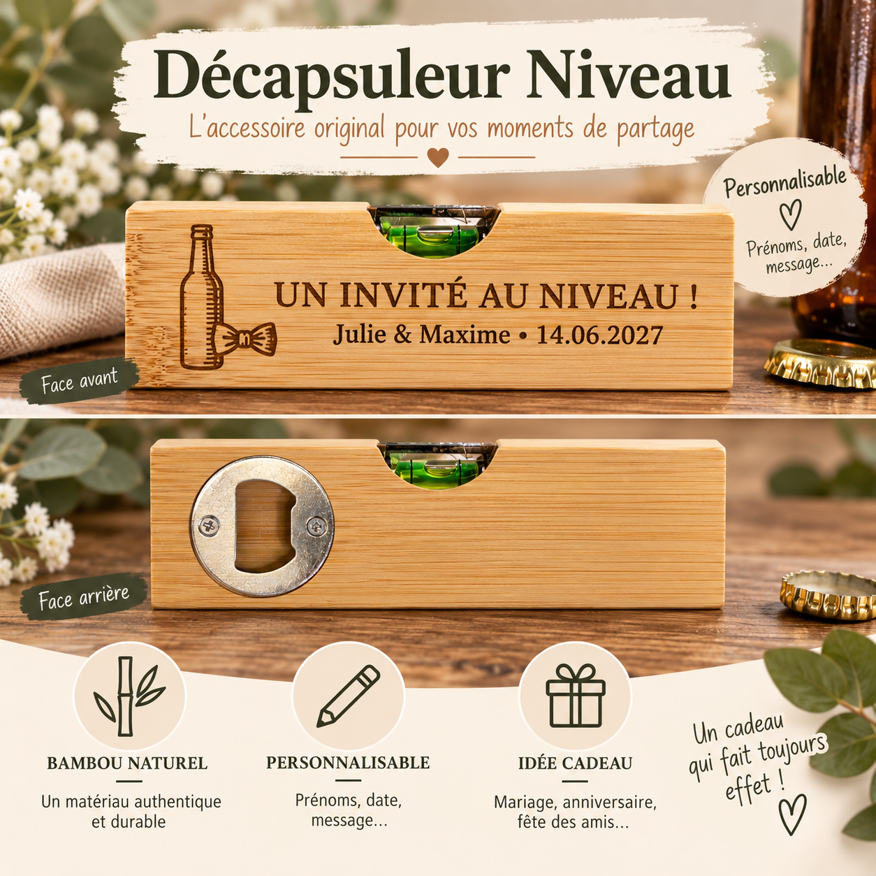 Décapsuleur niveau cadeaux invités mariage explication Décapsuleur niveau en bambou personnalisé – Cadeau pour les parents des mariés – Image 5