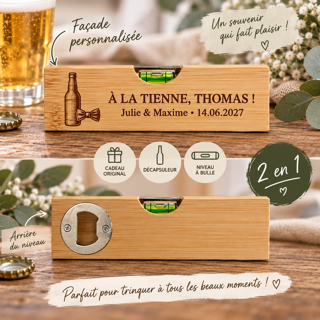 Décapsuleur niveau cadeaux invités mariage2 Décapsuleur niveau en bambou personnalisé – Cadeau pour les parents des mariés – Image 9
