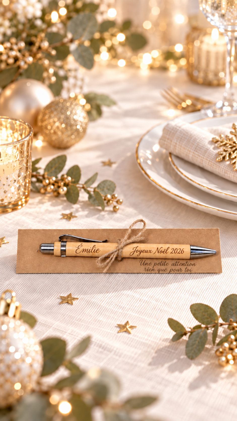 Marque place stylo noël Marque-place stylo en bambou personnalisé avec prénom pour table de Noël
