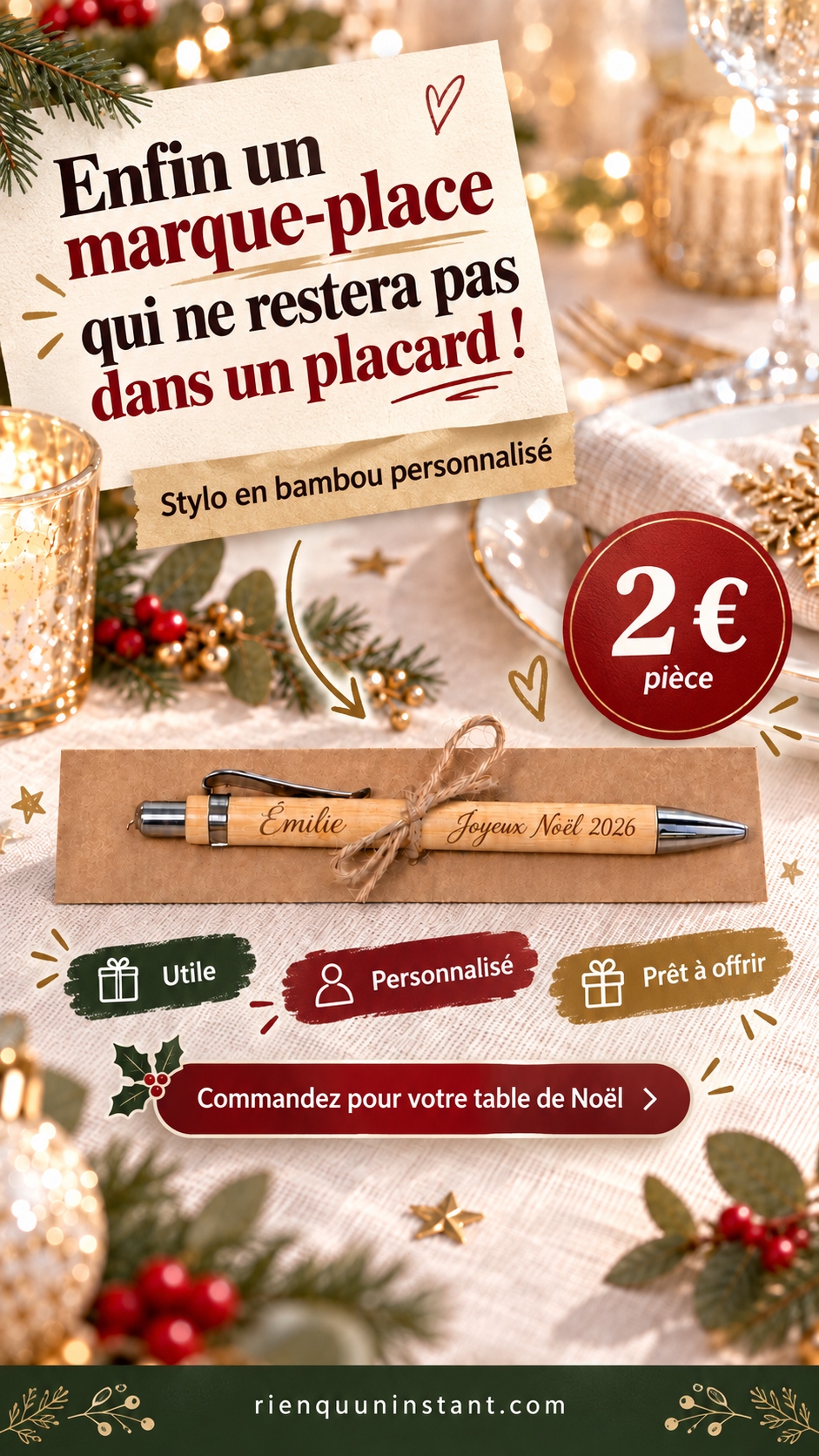 Marque place stylo noel 2 Marque-place stylo en bambou personnalisé avec prénom pour table de Noël