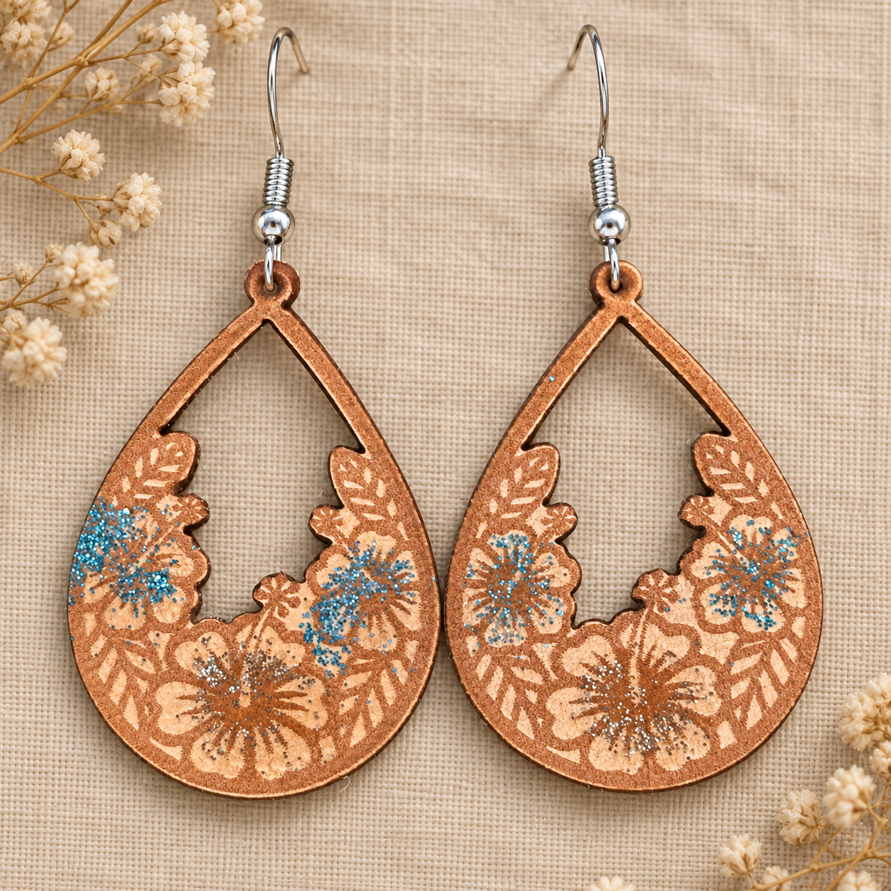 rien qu'un instant Boucles d’oreilles Hibiscus en cuir véritable avec fleurs et paillettes